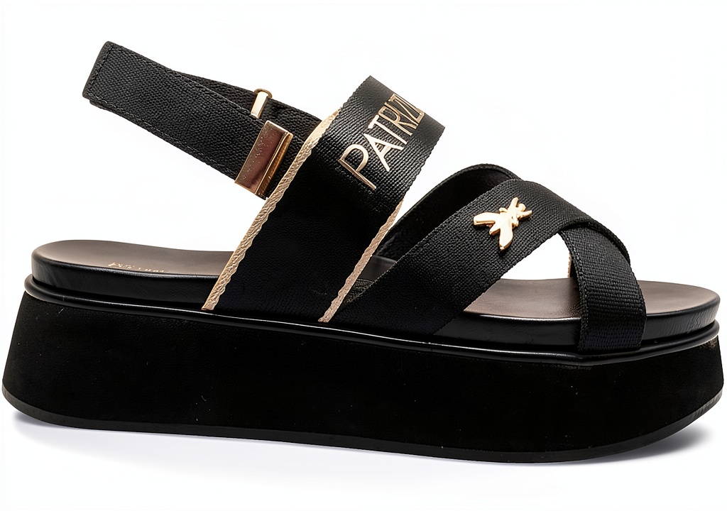 Scarpe con plateau in materiale sintetico su sfondo neutro