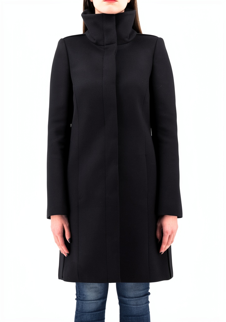 Donna che indossa il cappotto Patrizia Pepe nero modello 2S1262 in un contesto urbano elegante